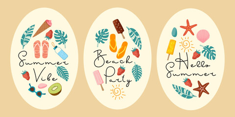 Summer template posters. Script quotes. Summer time concept design. Modern phrase with sweets and fruits, tropical leaves, sea. Summer greeting banner set. Background For poster, card, banner, coupon.