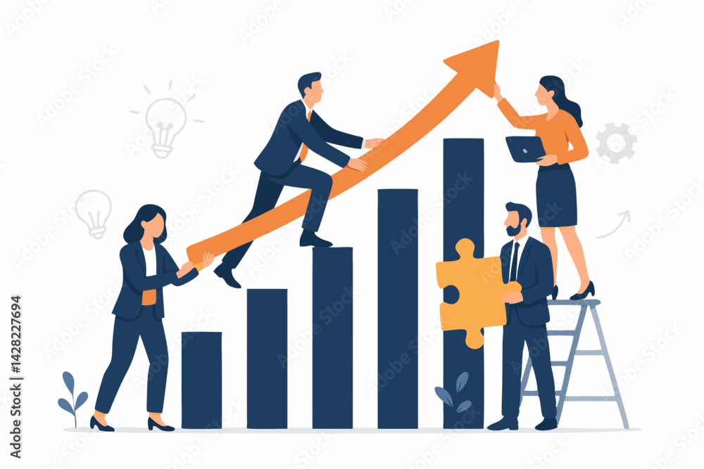 Poster collaborative business growth strategy concept illustration with diverse team working together, buil