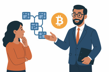 Vector illustration of a male financial expert teaching a female client about cryptocurrency, Bitcoin symbol, and blockchain data structure in a modern flat design style.