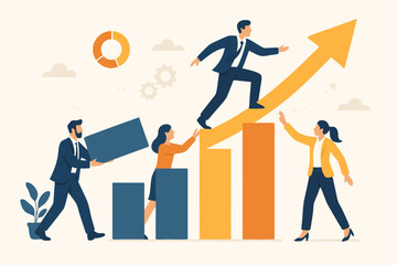 Business growth strategy visualization: Team collaborates, building a bar chart arrow upwards. Concept of teamwork, progress, success, partnership, and corporate development. Vector illustration.