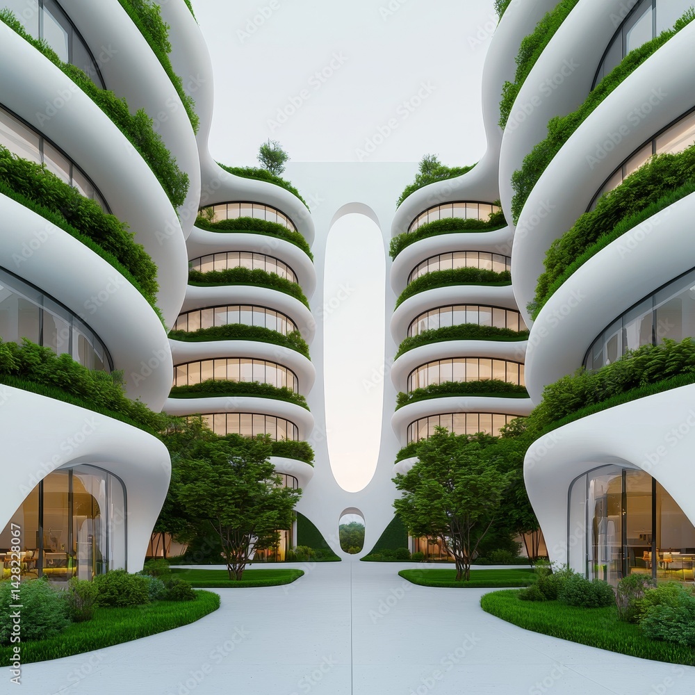 Poster futuristic architecture with curved buildings and greenery in a modern setting.