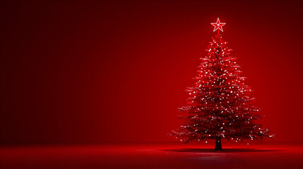 Festive Red Christmas Tree with Star Decoration on Red Background