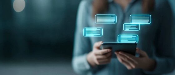 Person using a tablet with chat bubbles displayed above.