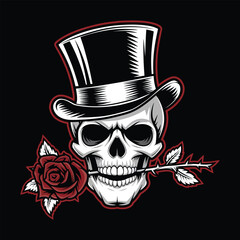 Skull with Top Hat and Rose – Gothic Romantic Skeleton Art