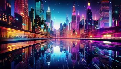 Obraz premium Vibrant Cityscape Reflection in Sparkling Water at Night