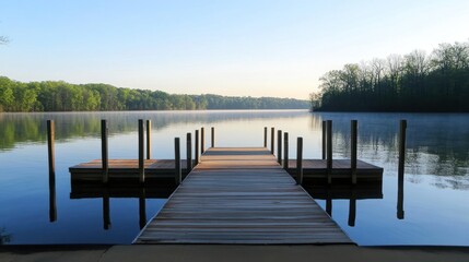 Naklejka premium A serene wooden dock extending into a calm lake surrounded by lush greenery.