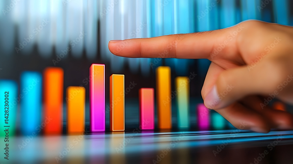 Poster analyzing growth with finger pointing towards colorful bar chart visualization depicting business pe