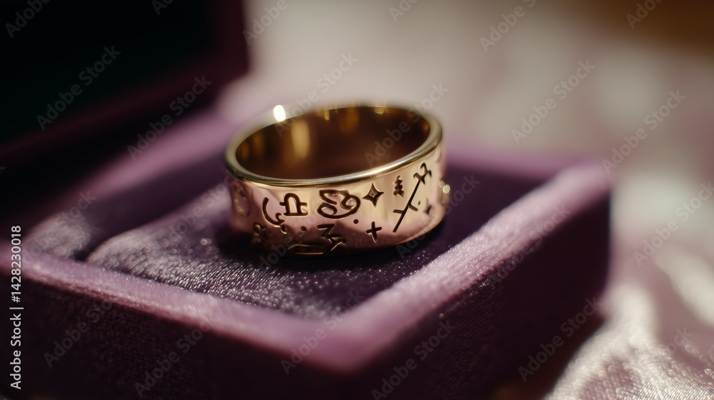 Poster golden ring with intricate engravings displayed in an ornate box under soft lighting