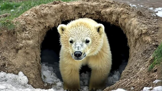 Polar bear cub den exit, zoo enclosure, winter