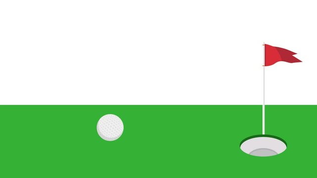 golf ball rolling on grass into target hole with red flag in 4k 60fps resolution