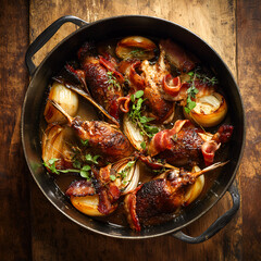 Roasted game hens with bacon and onions savory autumn flavors