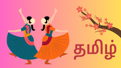 Colorful illustration of Tamil New Year celebration with traditional elements like mango leaves, kolam, and fruits. Perfect for festival, cultural, and seasonal design themes.
