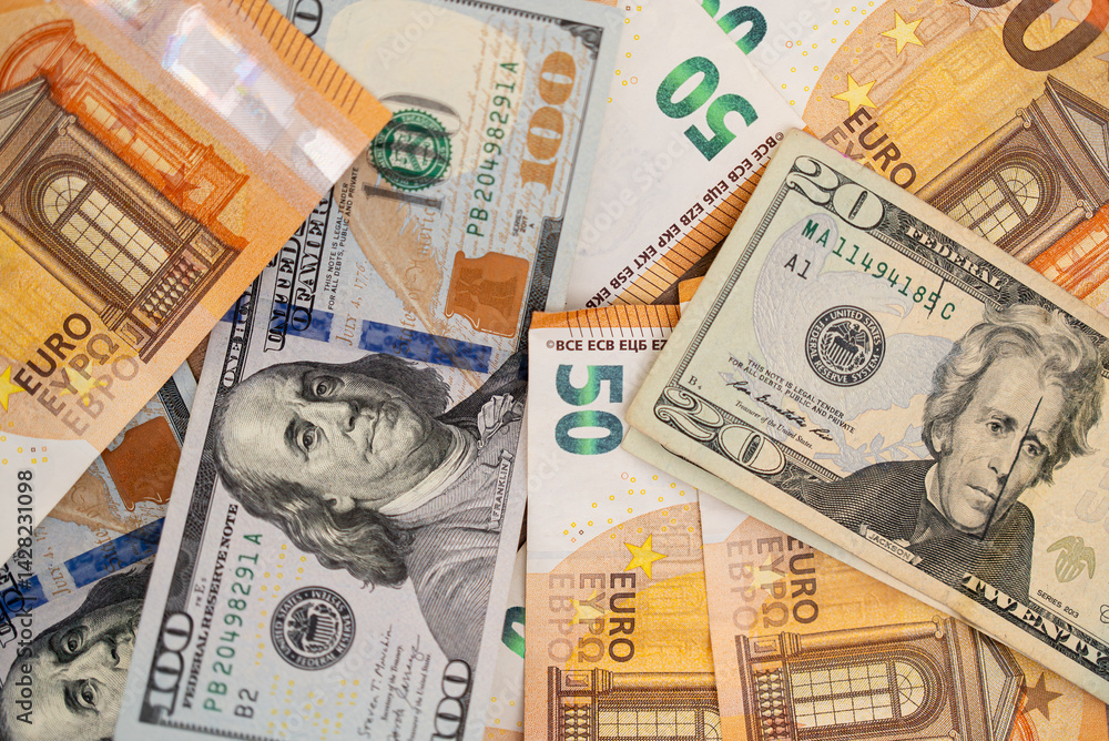 Poster Euro and dollar banknotes put on table demonstrate concept of understanding relationship between currencies essential for businesses navigating global market