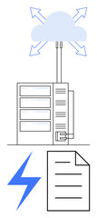 Server with cables connecting to cloud, arrows symbolizing data exchange, lightning for energy, document icon. Ideal for data management, cloud computing, online storage, energy efficiency, digital