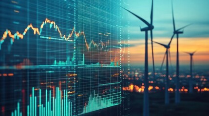 Wind turbines overlaid with financial stock market graphs