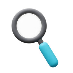 Minimalist 3D magnifying glass icon render isolated on white. Search, find, zoom symbol with blue handle. UI element for analysis, research, discovery, inspection.