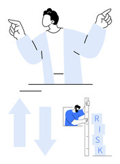 Person pointing in opposite directions, upwarddownward arrows, individual measuring risk level on scale. Ideal for decision-making, strategy, growth, analysis, data, trends simple landing page