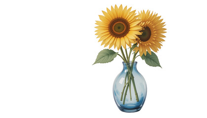 Watercolor illustration of vibrant sunflowers arranged in a blue vase. Concept of floral beauty and artistic design.