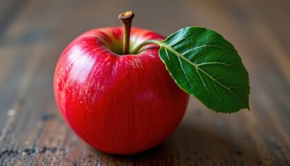 A single, vibrant red apple rests, its skin gleaming with a natural waxiness under the light. Attached to its stem is a deep green leaf, its veins subtly indented into the smooth surface