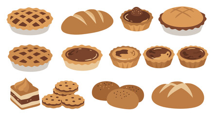 Assortment of Sweet Baked Goods: Pies, Bread, Tarts, Cookies, Cake, and Rolls Collection