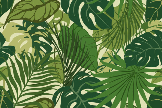 Tropical leaf pattern. Seamless print, lush jungle foliage, green exotic leaves, nature. Botanical background, endless greenery texture for summer textile and wrapping. Flat vector illustration