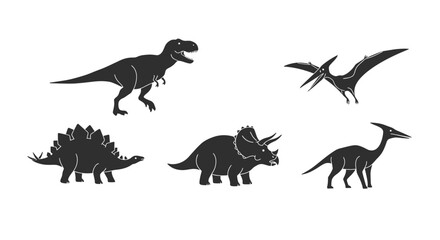 Diverse dinosaur silhouettes against a stark white background, prehistoric creatures