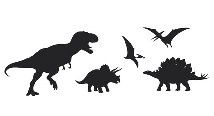 Prehistoric silhouette set featuring iconic dinosaurs in stark black figures