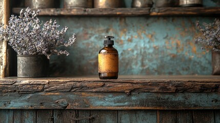 Fototapeta premium Amber bottle stands centered on a weathered wooden shelf surrounded by decorative lavender plants in a cozy, rustic environment