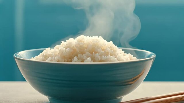 Healthy Grains Steaming Rice in Bowl for Sustainable Cuisine and Nourishing Meals Aligned with SDGs for Zero Hunger.