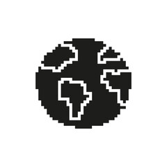 Pixelated Earth Globe Icon. Global Connectivity, International Relations, And Environmental Awareness Symbol. Retro Style World Representation. Isolated Vector Illustration