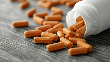 Spilled Orange Tablets from Bottle on Wooden Surface Close Up