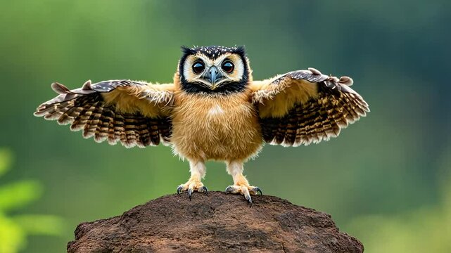 Spectacled owl fledgling, wings outstretched, jungle rock, green background, wildlife