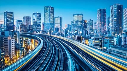 Naklejka premium Cityscape at Night with Urban Skyline and Railway Tracks in Motion