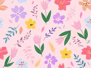 Fototapeta premium pastel floral pattern with colorful spring flowers on light pink background