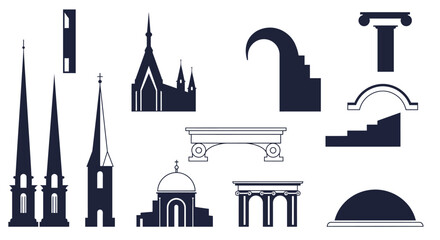 Obraz premium Architectural design elements presenting structures, spires and arches in silhouette style