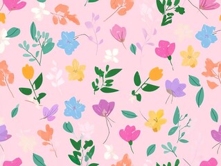 pastel floral pattern with colorful spring flowers on light pink background