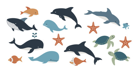 Playful sea creatures pattern featuring whales, dolphins, turtles and starfish
