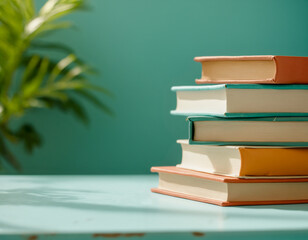 Stack of colorful books on a light blue surface with shadows and a blurred green plant against a teal background. Concepts of learning, education, reading and knowledge.