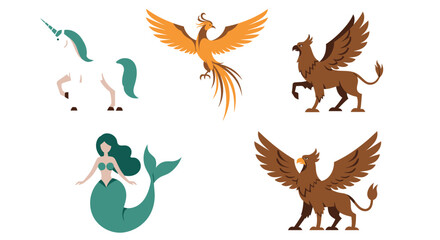 Mythical creatures illustration, a unicorn, phoenix, mermaid, and two griffins