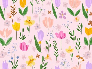 Bright and colorful seamless floral pattern with hand-painted flowers