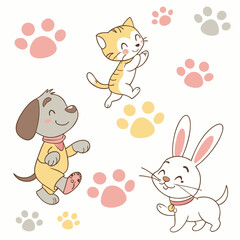 Obraz premium Whimsical Animal Friends: A charming illustration of a playful puppy, a lively kitten, and a cheerful rabbit frolicking together amidst a scattering of paw prints, evoking a sense of joy.