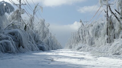 Ice-Encased Road and Power Lines: Winter Storm Aftermath
