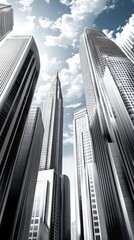 Breathtaking perspective of a modern skyscraper office complex under a vibrant sky filled with clouds, showcasing architectural elegance