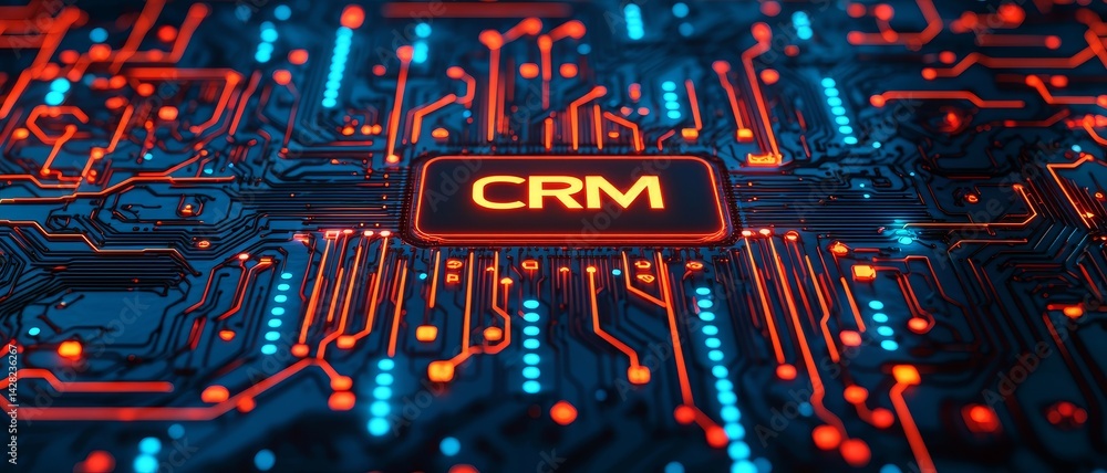 Poster digital circuit board with crm text highlighted in vibrant colors.