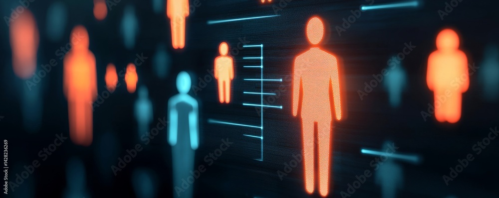 Poster futuristic representation of digital human figures and data visualization.