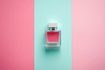 A delicate pink perfume bottle, poised on a backdrop of pastel hues.