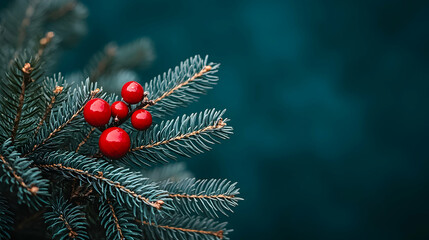 Close-Up View of Evergreen Branch with Red Berries for Winter Decor