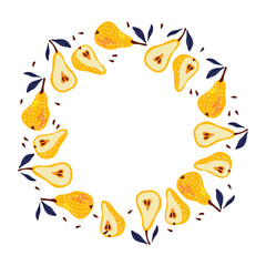 Pear round frame. Round seasonal fruit border and Pear and Leaves isolated frame with copy space. Summer tropical background with pears. For poster, banner, cover, invitation For text, date, photo.