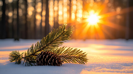 Pine Cone on Snowy Ground with Sunlight in Forest Background
