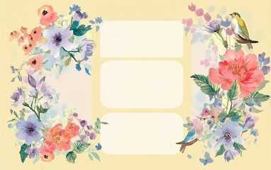 Pastel watercolor floral frame on soft yellow background with empty center space